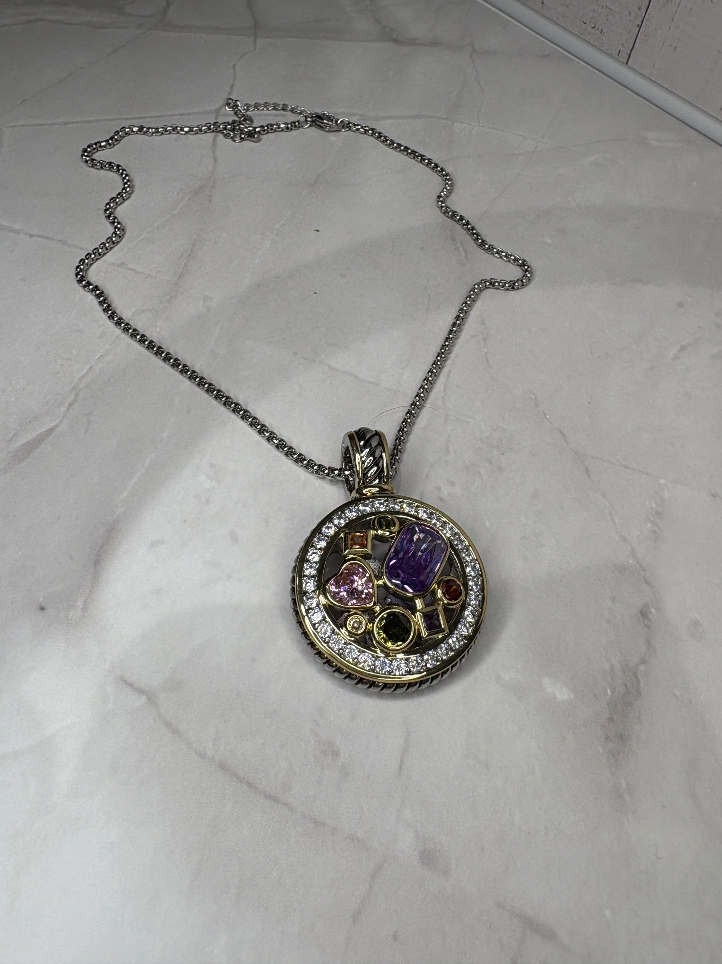 Round Zirconia Pendant Two Tone Necklace