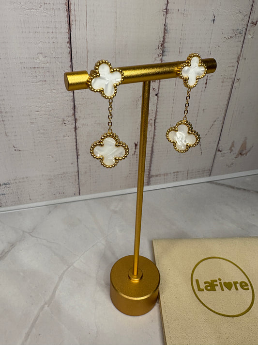 Gold White Enamel Drop Clover Earrings