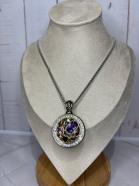 Round Zirconia Pendant Two Tone Necklace