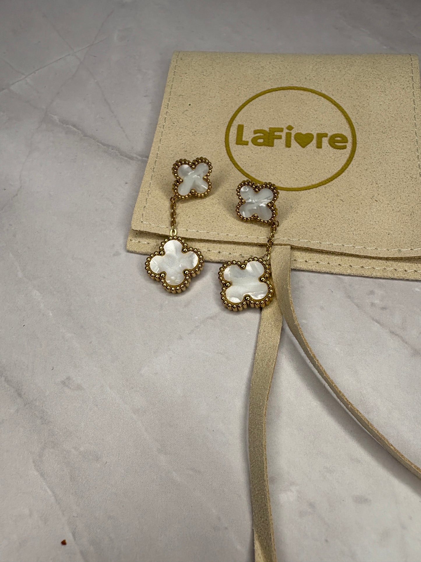 Gold White Enamel Drop Clover Earrings