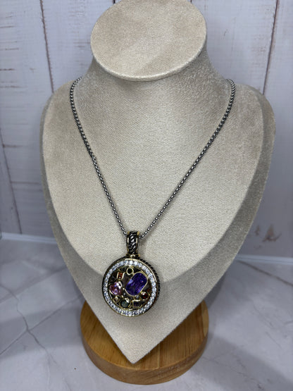 Round Zirconia Pendant Two Tone Necklace