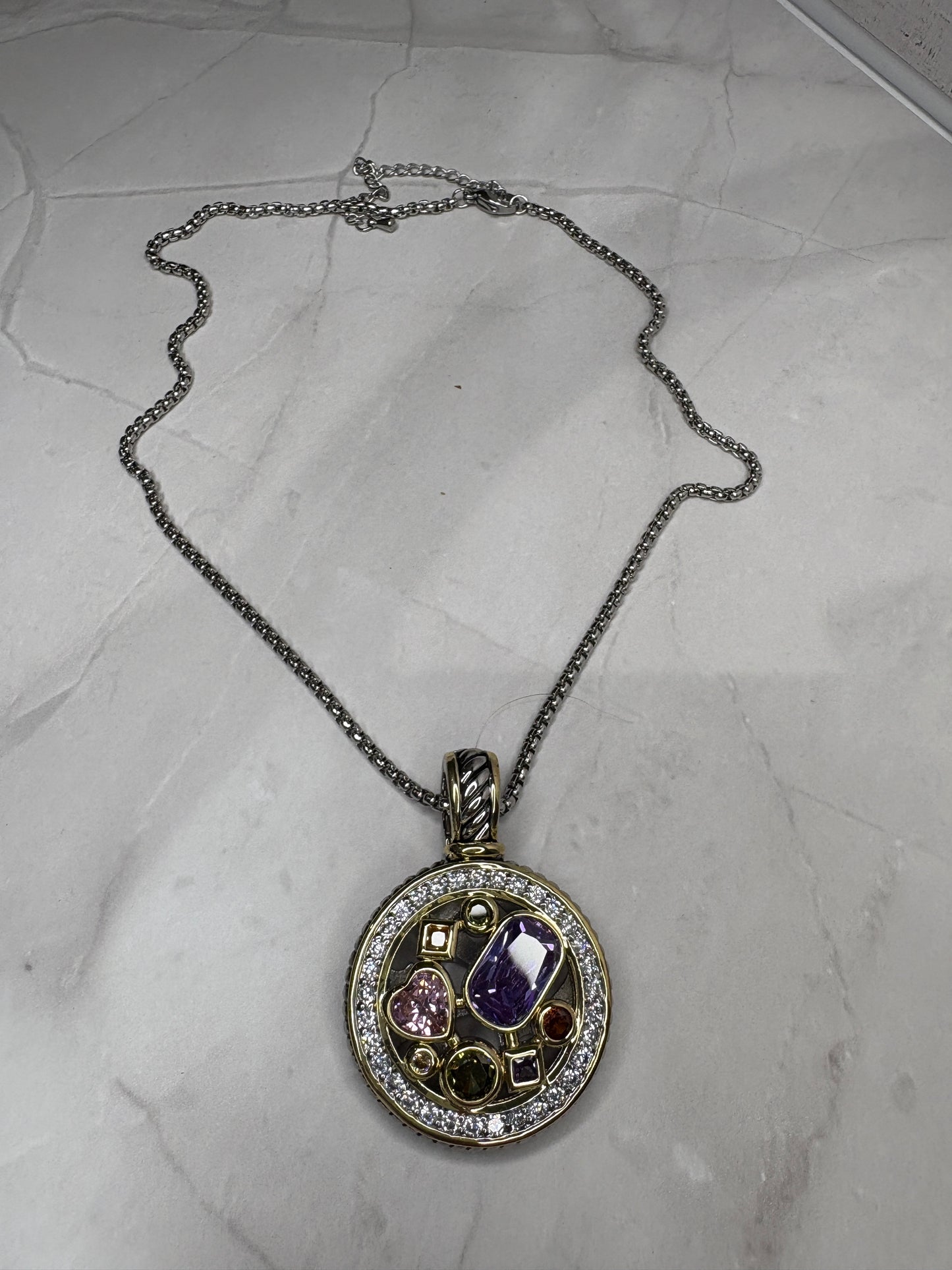Round Zirconia Pendant Two Tone Necklace