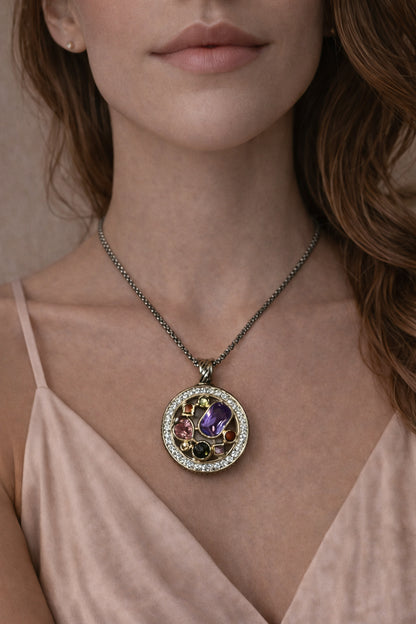 Round Zirconia Pendant Two Tone Necklace