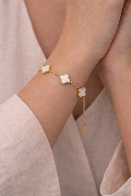 Gold White Enamel Clover Bracelet