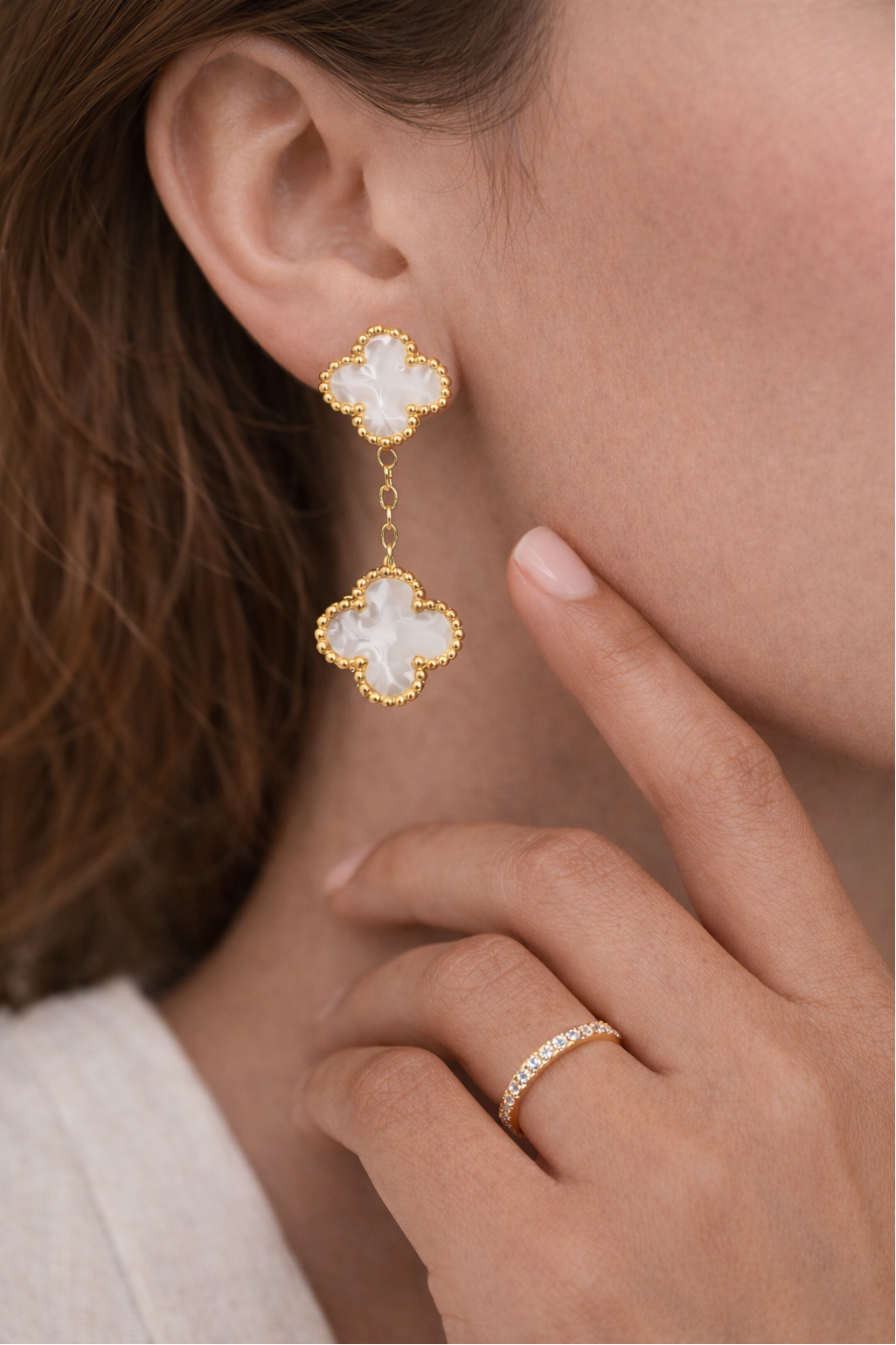 Gold White Enamel Drop Clover Earrings